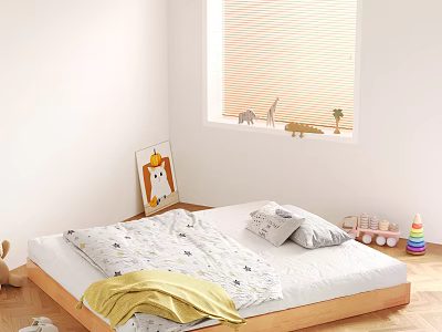 Kids Bed With Wooden Frame Star Pattern Bedding Gray Pillows Yellow Blanket And Animal Stickers 3d model