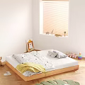 Kids Bed With Wooden Frame Star Pattern Bedding Gray Pillows Yellow Blanket And Animal Stickers