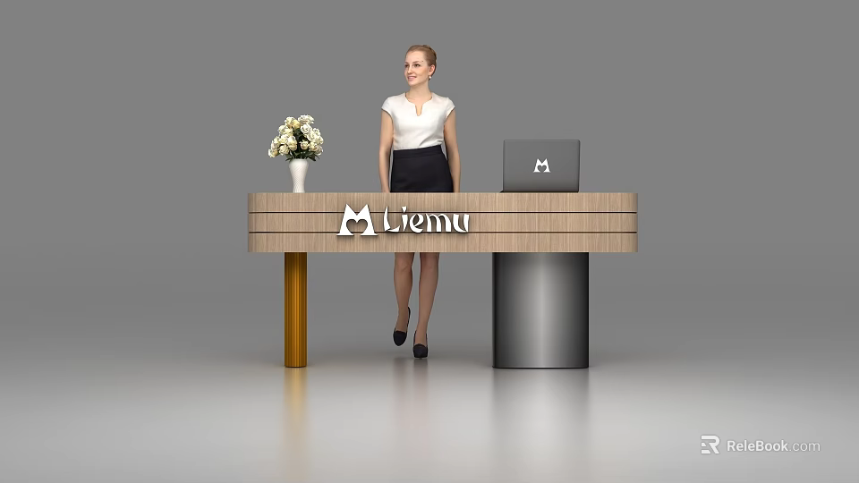 Modern Reception Desk With Liemu Logo Laptop Vase With White Flowers And Receptionist Standing 3d model 