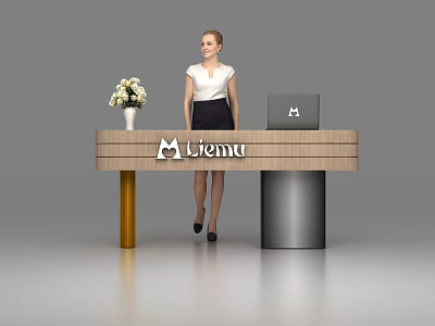Modern Reception Desk With Liemu Logo Laptop Vase With White Flowers And Receptionist Standing 3d model