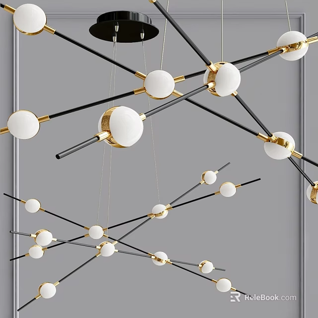 Modern Black and Gold Chandelier with White Spherical Shades for Interior Decor 3d model 