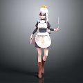 White Haired Game Anime Character with Yellow Headdress Apron Brown Boots holding Knife and Scroll