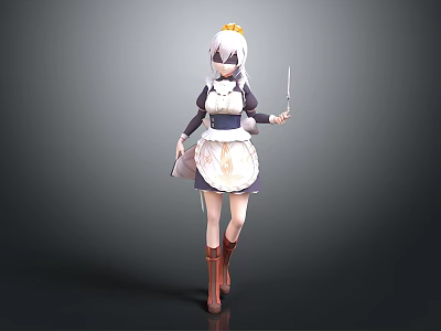 White Haired Game Anime Character with Yellow Headdress Apron Brown Boots holding Knife and Scroll 3d model