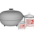 Stainless Steel Steamer Pot and White Mugs with Red Graphic Design Kitchenware Set