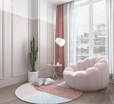 Pink Lazy Sofa With Large Window City View Cactus Small Table And Rug In Room 3d model