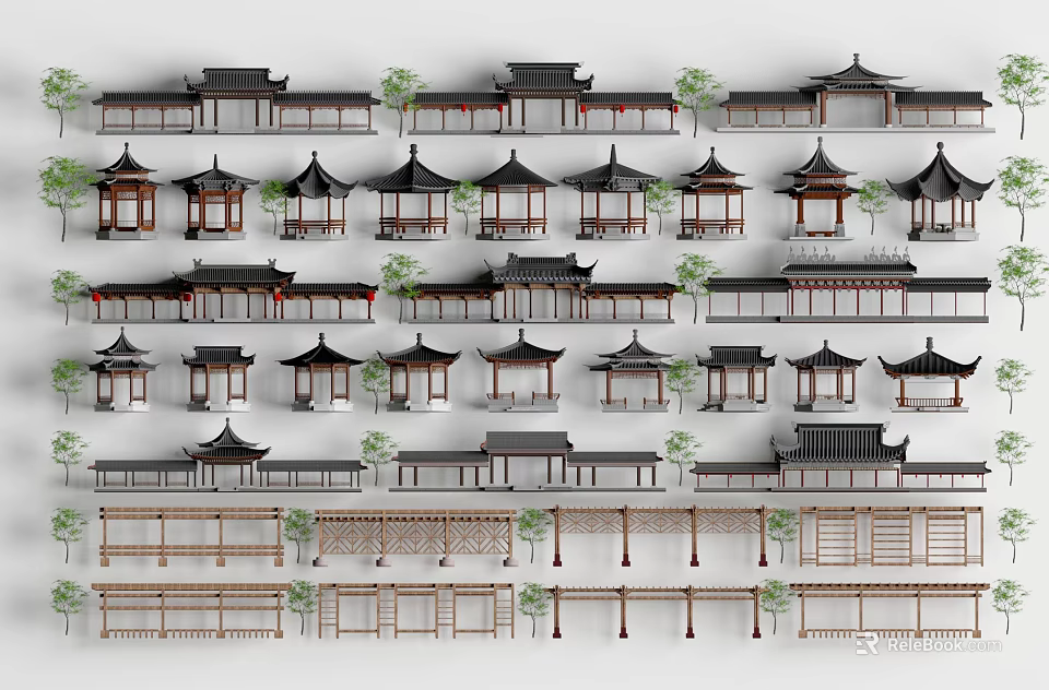 Traditional Chinese Garden Pavilions With Various Roof Designs Wooden Structures And Surrounding Trees 3d model 