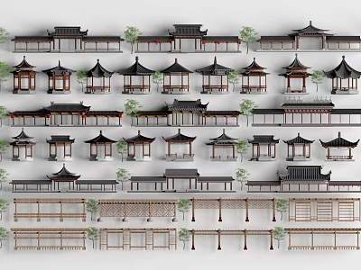 Traditional Chinese Garden Pavilions With Various Roof Designs Wooden Structures And Surrounding Trees 3d model
