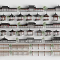 Traditional Chinese Garden Pavilions With Various Roof Designs Wooden Structures And Surrounding Trees