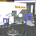 Modern Commercial Street With Outdoor Welcome Booth Green Plants Tables Chairs And Marble Floor