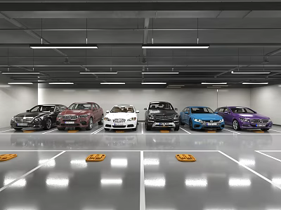Modern Parking Garage With Neatly Parked Cars Gray Floor White Lines And Ceiling LED Lights 3d model