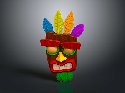 Decorative Wooden Totem Mask With Colorful Feathers And Green Accents For Home Decor 3d model