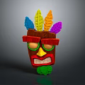 Decorative Wooden Totem Mask With Colorful Feathers And Green Accents For Home Decor