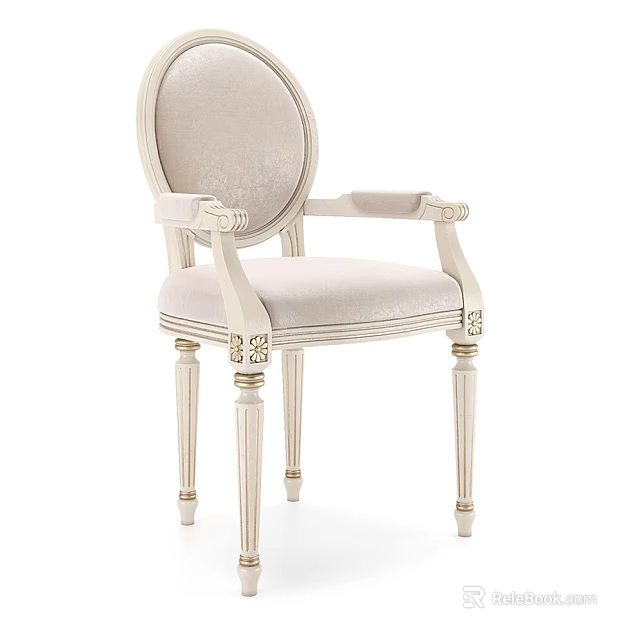 Classic European Style Dining Chair With Armrests Rounded Backrest And Carved White Frame 3d model 