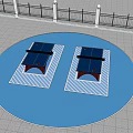 Outdoor Table Tennis Tables in Blue Circular Court Area with Surrounding Fence and Trees
