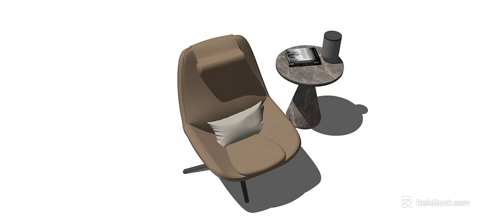 Brown Accent Chair With White Cushion And Marble Texture Side Table With Tablet And Cup 3d model 