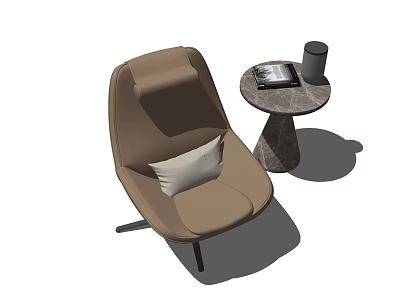 Brown Accent Chair With White Cushion And Marble Texture Side Table With Tablet And Cup 3d model