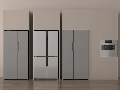 Three Refrigerators In Modern Kitchen With Light-colored Cabinets And Wooden Floor 3d model