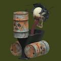 Rusty Barrel Robot Featuring Biomechanical Creature Elements And Spiked Metal Parts