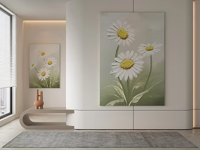 Abstract Painting With White Daisies And Green Leaves For Modern Interior Wall Decoration 3d model