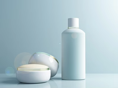 White Perfume Cosmetics Bottles And Jars With Minimalist Design On Light Blue Background 3d model