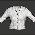 White Textured Knitted Short Sleeve Cardigan With V Neck Black Lace Trim And Buttons