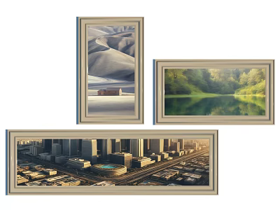 Three Framed Landscape Paintings Featuring Desert Dunes Lake Reflection And City Skyline 3d model