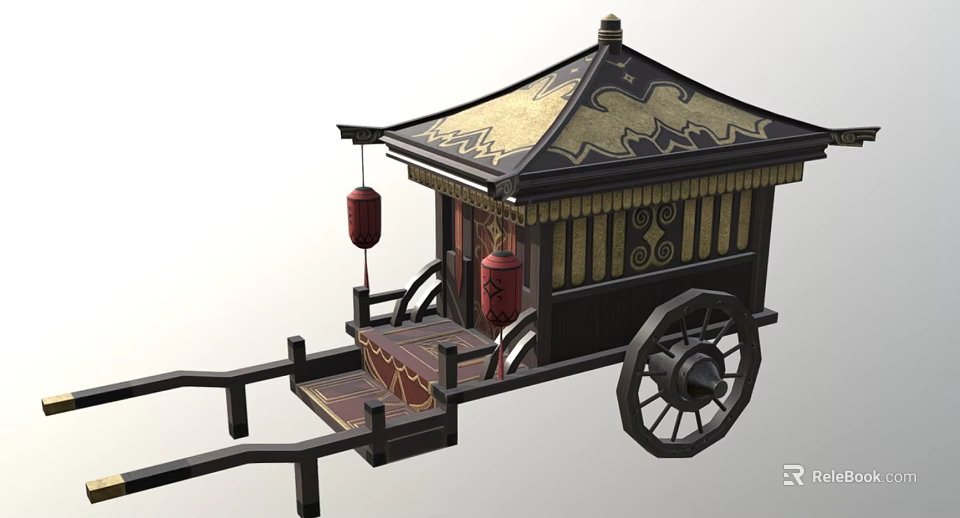 Traditional Oriental Carriage with Decorated Roof Red Lanterns Wooden Wheels and Ornate Design 3d model 