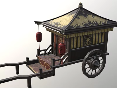 Traditional Oriental Carriage with Decorated Roof Red Lanterns Wooden Wheels and Ornate Design 3d model