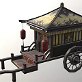 Traditional Oriental Carriage with Decorated Roof Red Lanterns Wooden Wheels and Ornate Design
