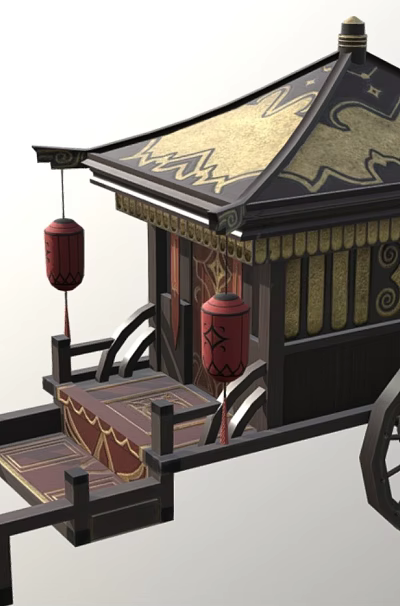 Traditional Oriental Carriage with Decorated Roof Red Lanterns Wooden Wheels and Ornate Design 3d model