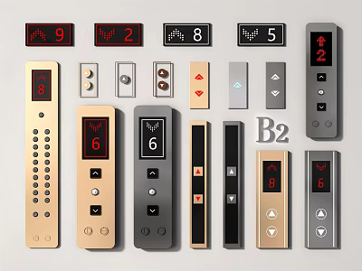 Elevator Control Panels With Various Button Designs Digital Displays And Numbers 3d model