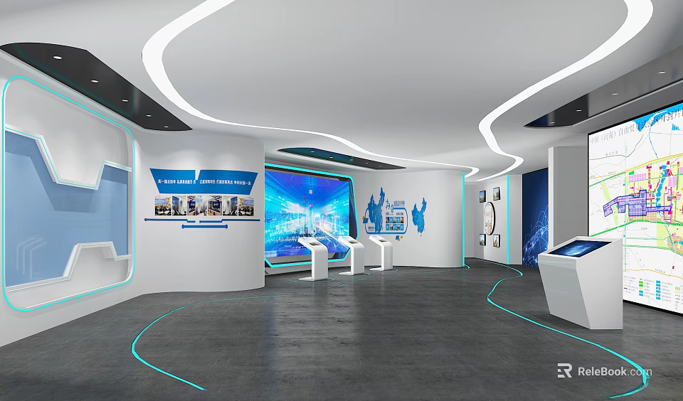 Modern Tech Exhibition Hall Interior With Curved Lines Blue Lighting And Digital Displays 3d model 