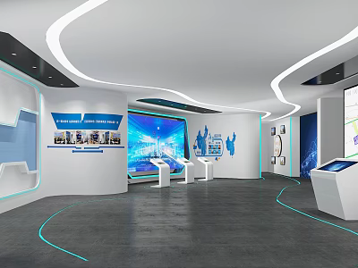 Modern Tech Exhibition Hall Interior With Curved Lines Blue Lighting And Digital Displays 3d model