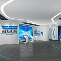 Modern Tech Exhibition Hall Interior With Curved Lines Blue Lighting And Digital Displays