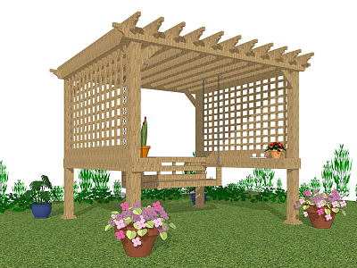 Outdoor Wooden Pergola With Lattice Sides Bench And Potted Plants On Green Lawn 3d model