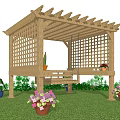 Outdoor Wooden Pergola With Lattice Sides Bench And Potted Plants On Green Lawn