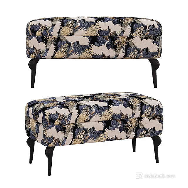 Lazy Sofa With Blue And Gold Crane Pattern Design And Matching Ottoman Stool 3d model 