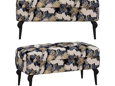 Lazy Sofa With Blue And Gold Crane Pattern Design And Matching Ottoman Stool 3d model