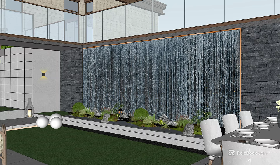Modern Waterfall Feature Wall With Green Plants Stones And Outdoor Dining Area 3d model 