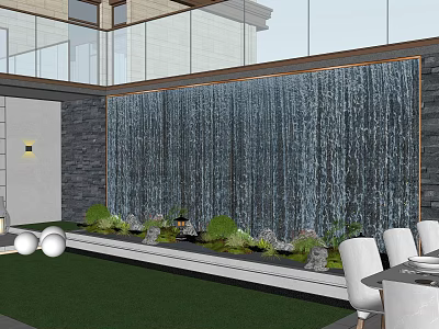 Modern Waterfall Feature Wall With Green Plants Stones And Outdoor Dining Area 3d model