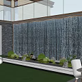 Modern Waterfall Feature Wall With Green Plants Stones And Outdoor Dining Area