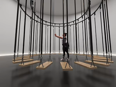 Art Installation With Circular Black Ropes Wooden Platforms And Visitor Interaction 3d model