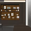 Study Room Interior With Dark Wooden Bookshelves Books Framed Art Decorative Items And Wicker Chair