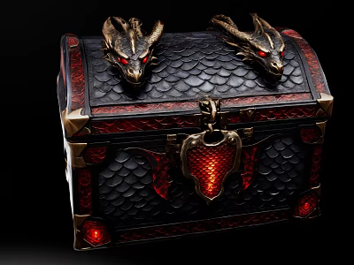 Ornate Chest With Golden Dragon Heads Red Eyes Black Scaly Surface And Red Heart Lock 3d model