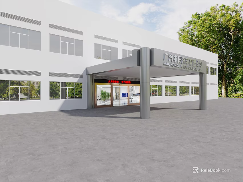 Fashion Technology Center Main Entrance Gate With Modern White Building Exterior Canopy Columns And Trees 3d model 