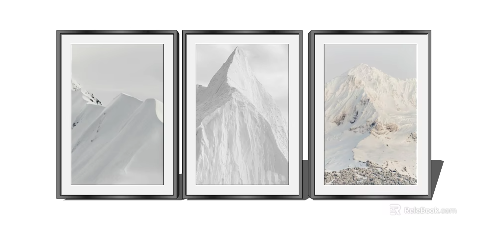 Black And White Three Panel Wall Art With Snowy Mountain Scenery And Black Frames 3d model