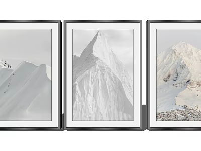 Black And White Three Panel Wall Art With Snowy Mountain Scenery And Black Frames 3d model