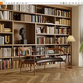 Wooden Accent Chair With Leather Cushion Near Bookcase Books Sculpture Head And Table Lamp
