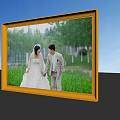 Golden Photo Frame Displaying Newlyweds In Outdoor Grassy Field With Green Trees And Blue Sky