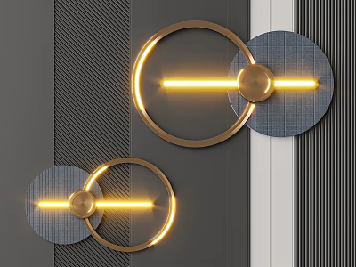 Modern Geometric Wall Decor With Circular Rings and Illuminated Stripes on Textured Gray Background 3d model